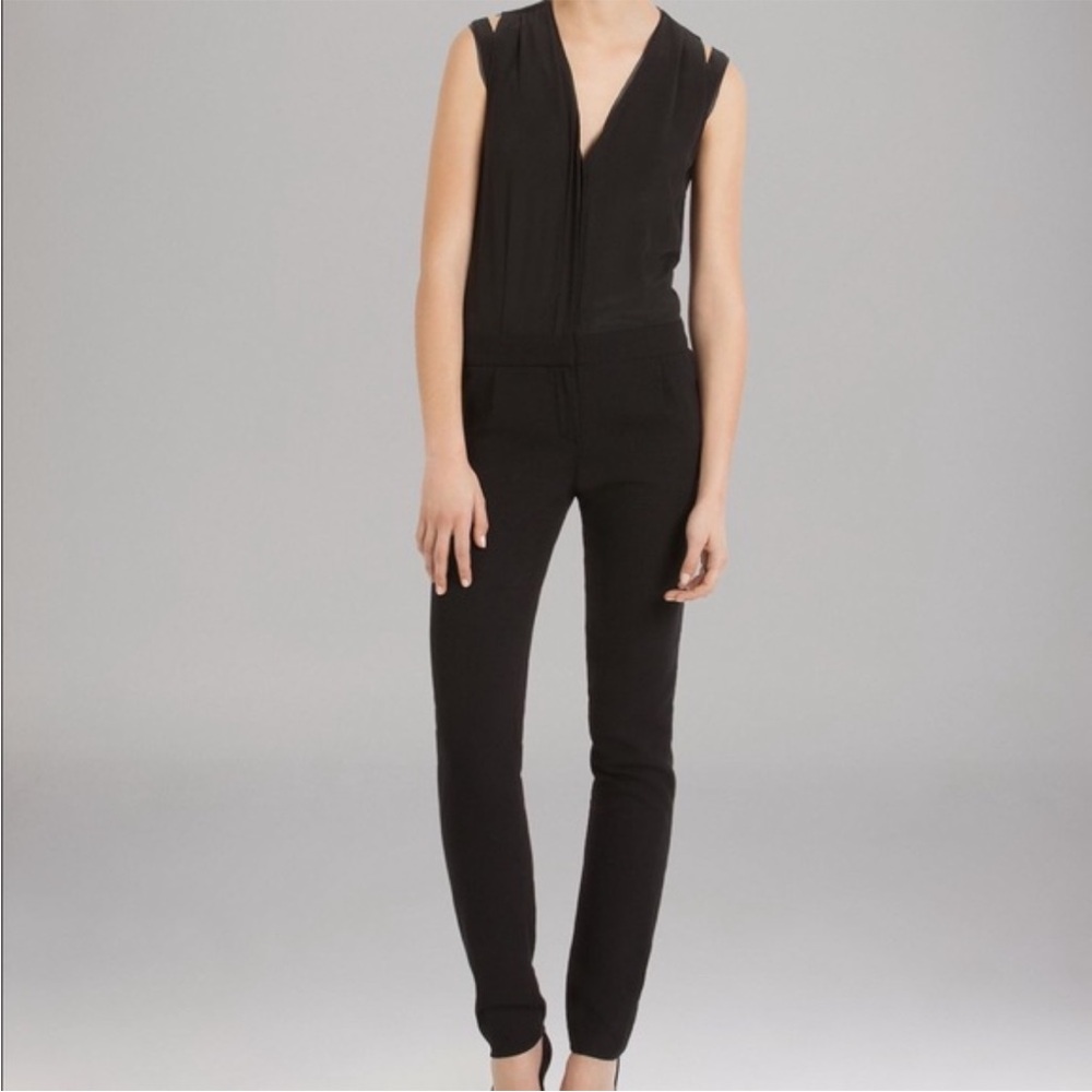 Maje jumpsuit black menswear sleeveless silk leather relaxed fit